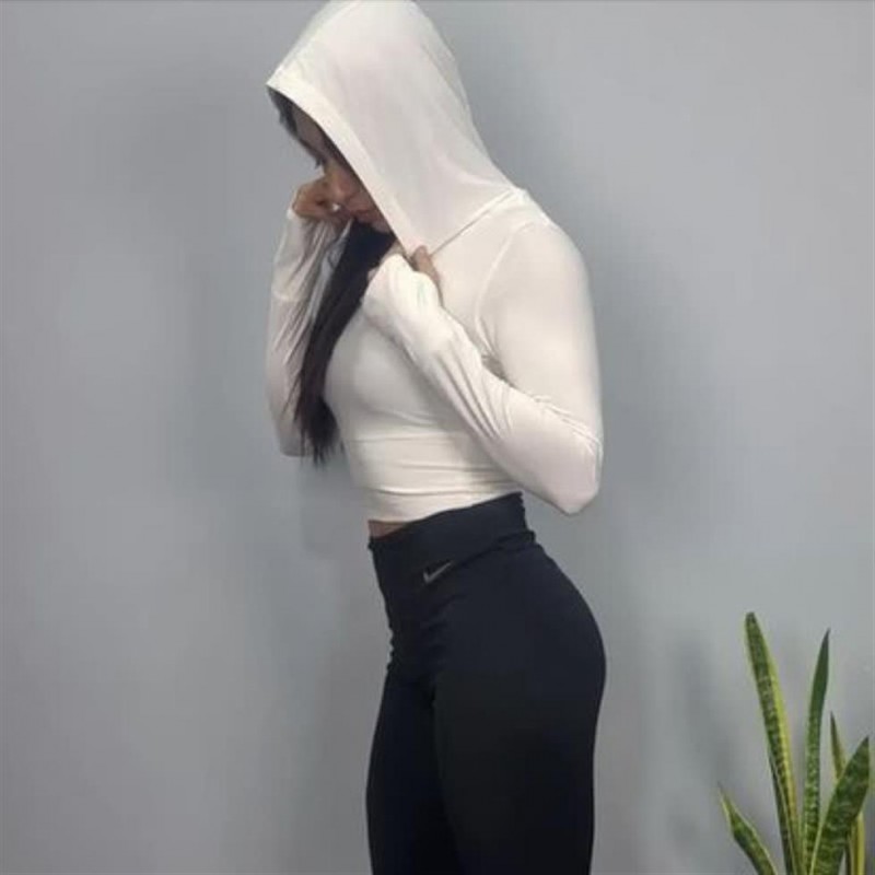 تی شرت زنانه آستین بلند کراپ کلاهدار فینگری نایک تکی